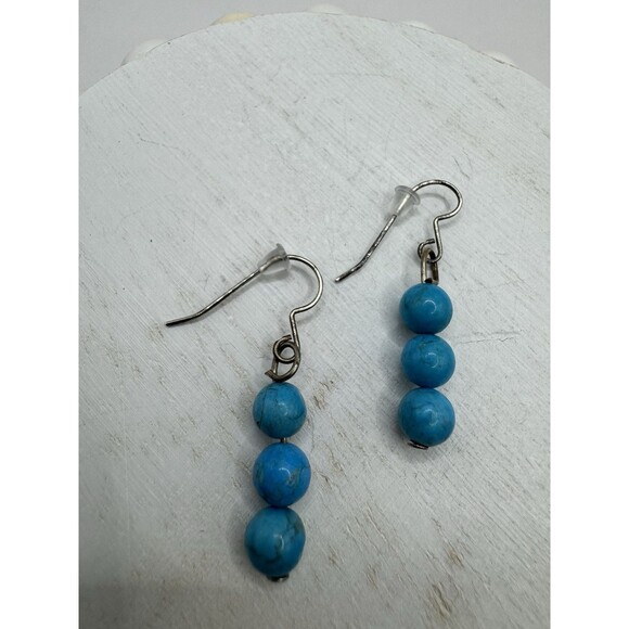 Blue Turquoise Bead Stacked Drop Earrings Sterling Silver Boho Southwest Minimal - Picture 6 of 8